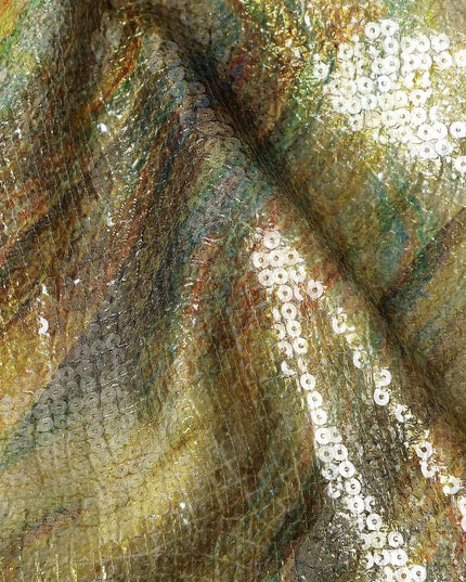 Golden Olive Silk Brocade Fabric | Korean Sequin Design