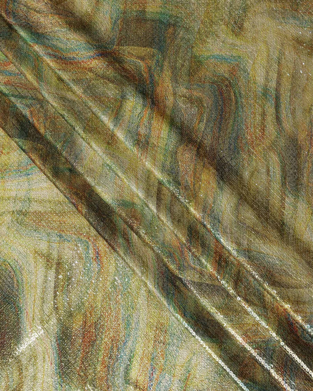 Golden Olive Silk Brocade Fabric | Korean Sequin Design