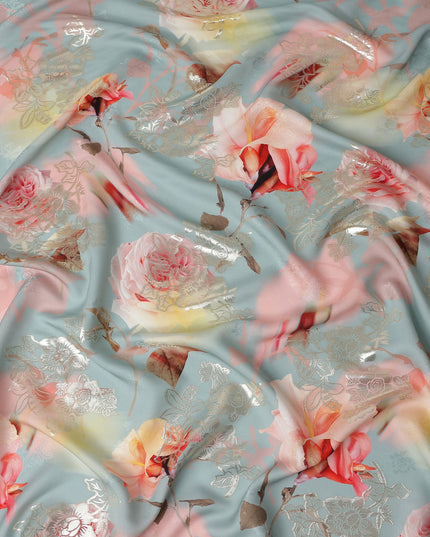 Dusty Teal Blue Floral Pure Silk Crepe 140cm