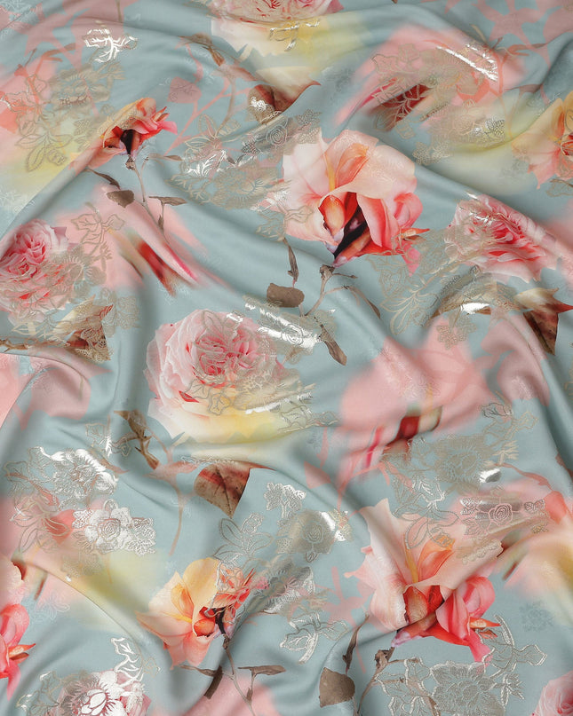 Dusty Teal Blue Floral Pure Silk Crepe 140cm