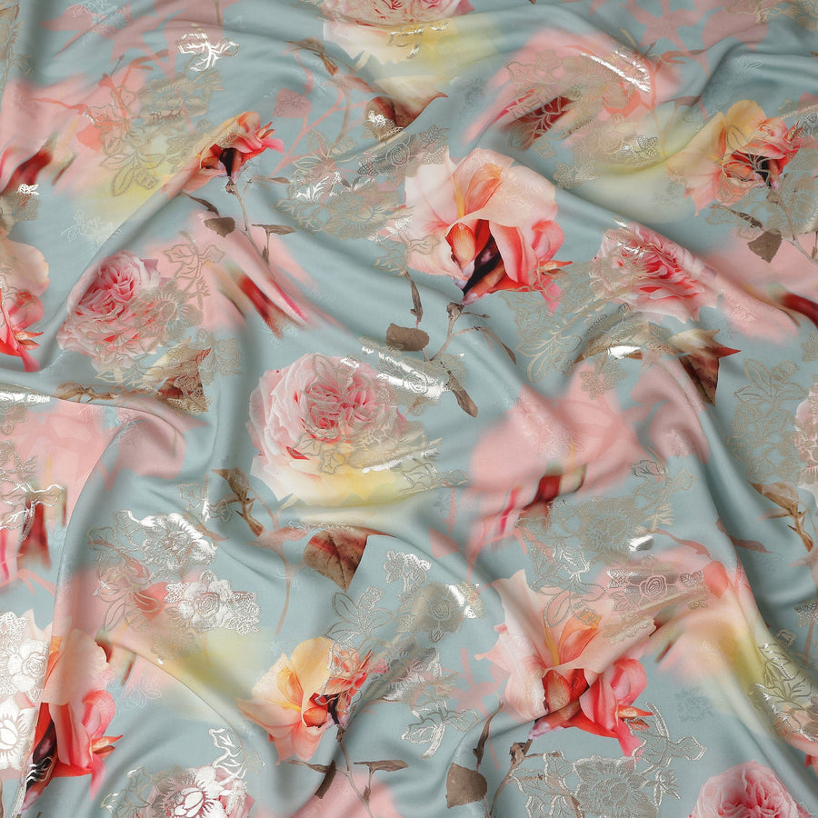 Dusty Teal Blue Floral Pure Silk Crepe 140cm