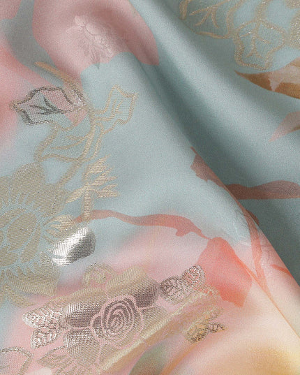 Dusty Teal Blue Floral Pure Silk Crepe 140cm