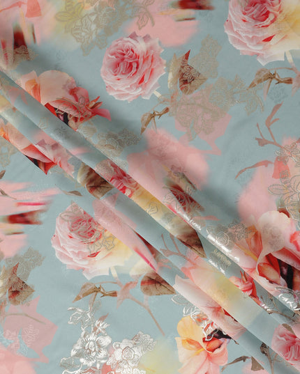 Dusty Teal Blue Floral Pure Silk Crepe 140cm