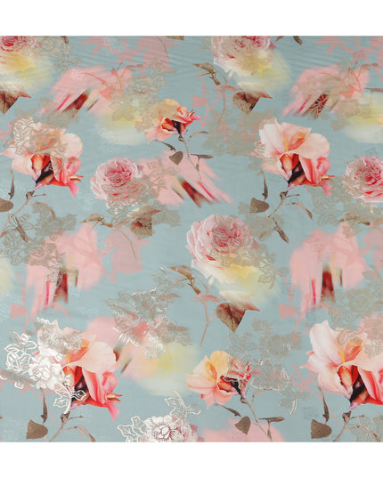 Dusty Teal Blue Floral Pure Silk Crepe 140cm