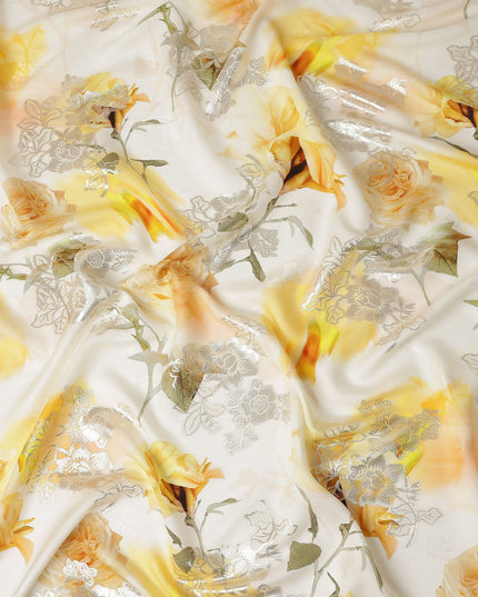 Golden Ivory Floral Metallic Pure Silk Crepe 140cm