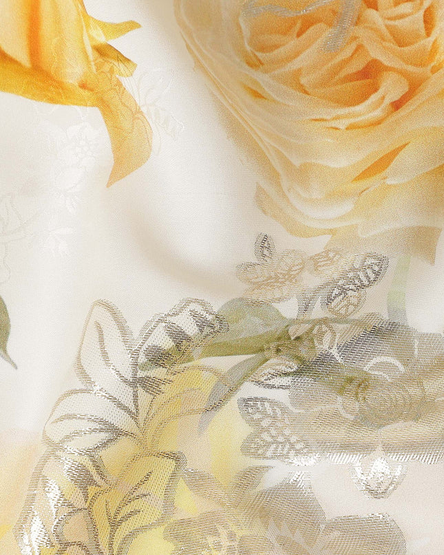 Golden Ivory Floral Metallic Pure Silk Crepe 140cm