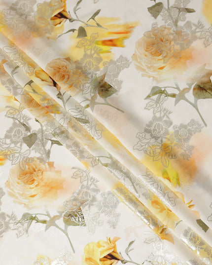 Golden Ivory Floral Metallic Pure Silk Crepe 140cm