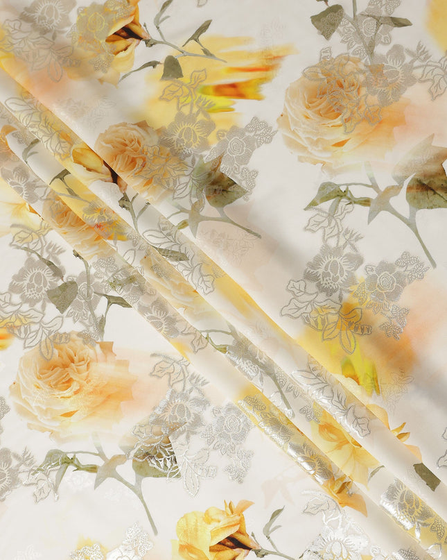 Golden Ivory Floral Metallic Pure Silk Crepe 140cm