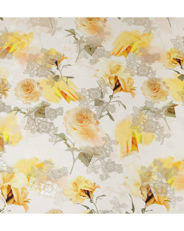 Golden Ivory Floral Metallic Pure Silk Crepe 140cm