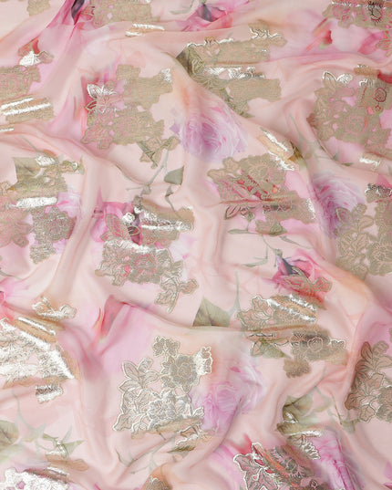 Peach Blush Metallic Lace Floral Pure Silk Chiffon 140cm