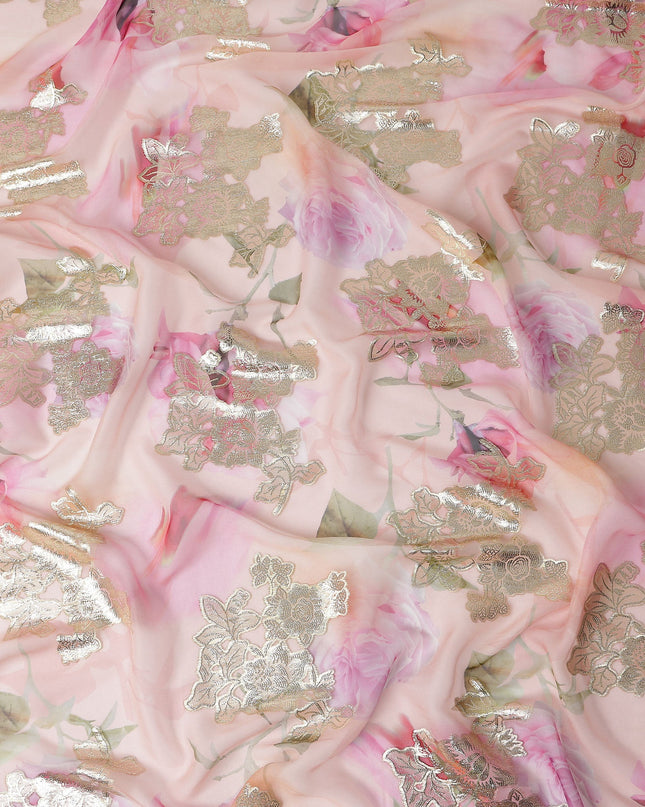 Peach Blush Metallic Lace Floral Pure Silk Chiffon 140cm