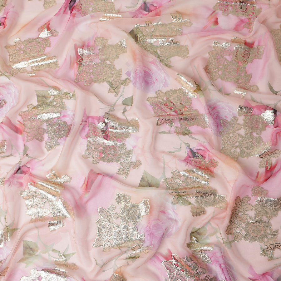 Peach Blush Metallic Lace Floral Pure Silk Chiffon 140cm