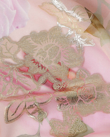 Peach Blush Metallic Lace Floral Pure Silk Chiffon 140cm