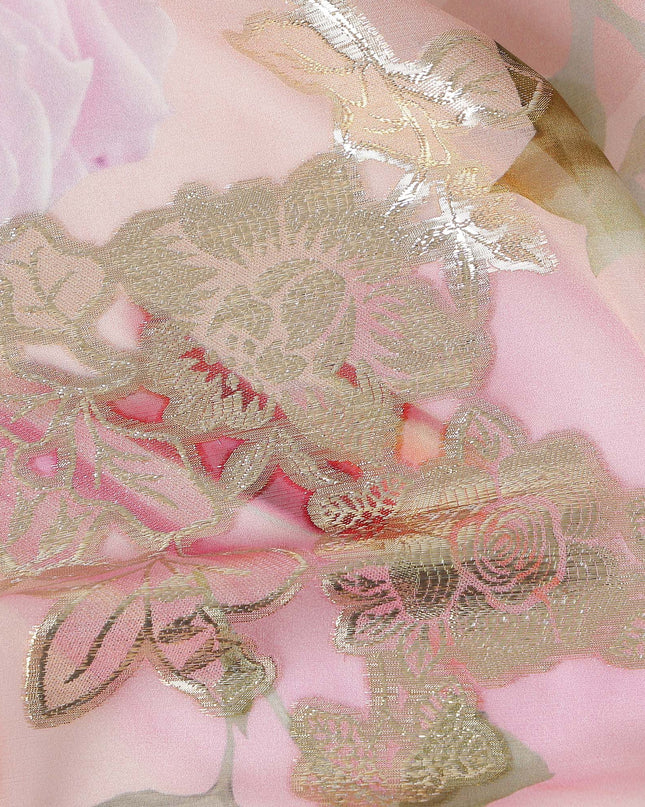 Peach Blush Metallic Lace Floral Pure Silk Chiffon 140cm