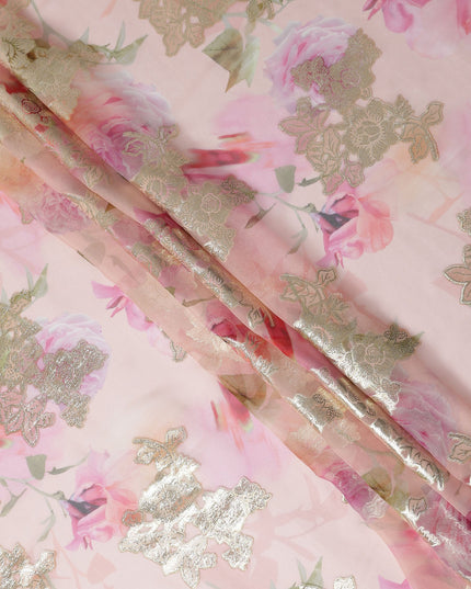 Peach Blush Metallic Lace Floral Pure Silk Chiffon 140cm