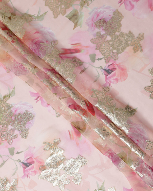 Peach Blush Metallic Lace Floral Pure Silk Chiffon 140cm