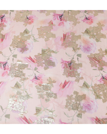 Peach Blush Metallic Lace Floral Pure Silk Chiffon 140cm