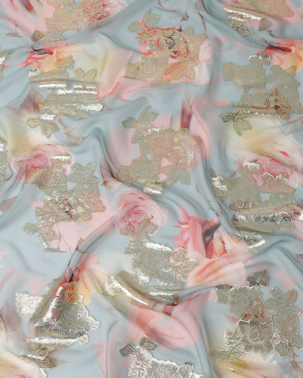 Powder Blue Rose Metallic Pure Silk Chiffon 140cm