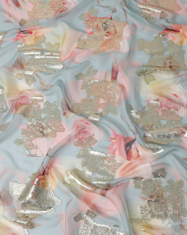 Powder Blue Rose Metallic Pure Silk Chiffon 140cm