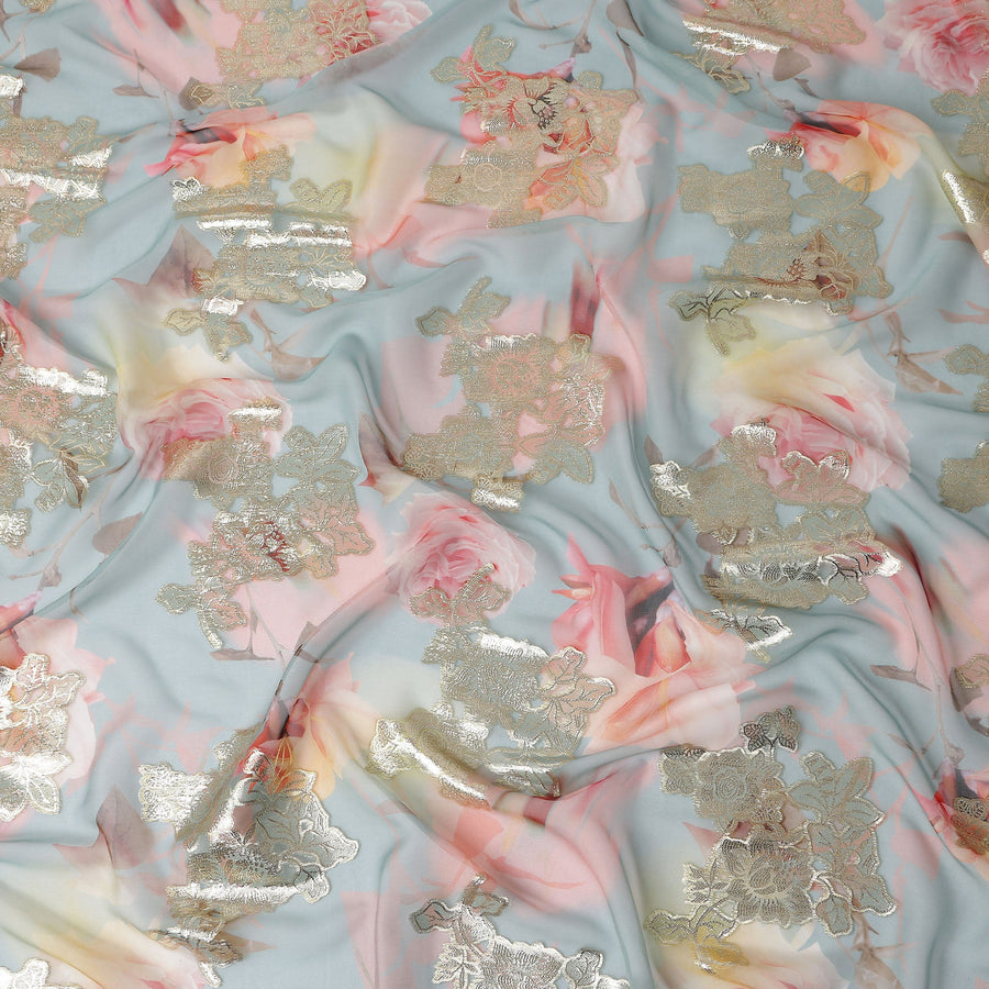 Powder Blue Rose Metallic Pure Silk Chiffon 140cm