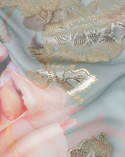 Powder Blue Rose Metallic Pure Silk Chiffon 140cm