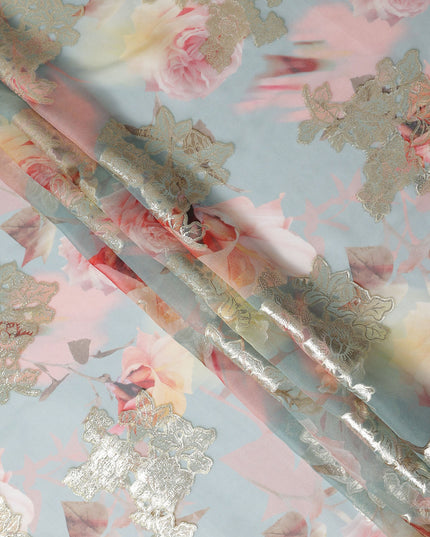 Powder Blue Rose Metallic Pure Silk Chiffon 140cm