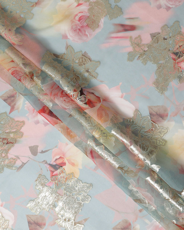 Powder Blue Rose Metallic Pure Silk Chiffon 140cm