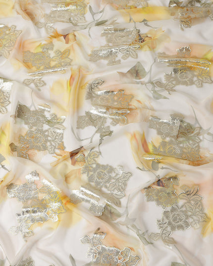 Ivory Peach Cream Floral Pure Silk Chiffon 140cm