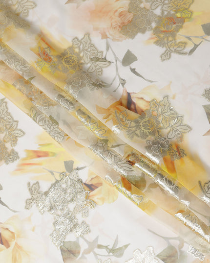 Ivory Peach Cream Floral Pure Silk Chiffon 140cm
