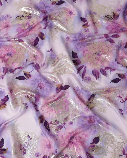 Lilac Lavender Metallic Floral Pure Silk Crepe 140cm