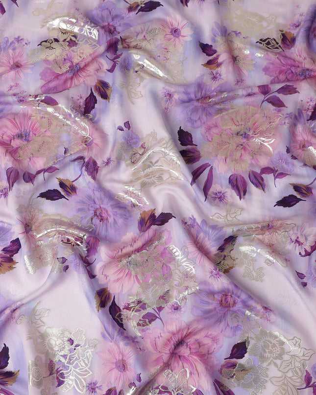 Lilac Lavender Metallic Floral Pure Silk Crepe 140cm