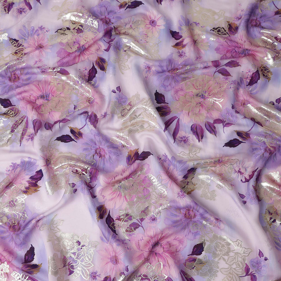 Lilac Lavender Metallic Floral Pure Silk Crepe 140cm