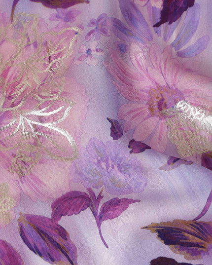 Lilac Lavender Metallic Floral Pure Silk Crepe 140cm