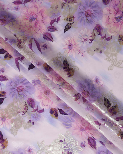 Lilac Lavender Metallic Floral Pure Silk Crepe 140cm
