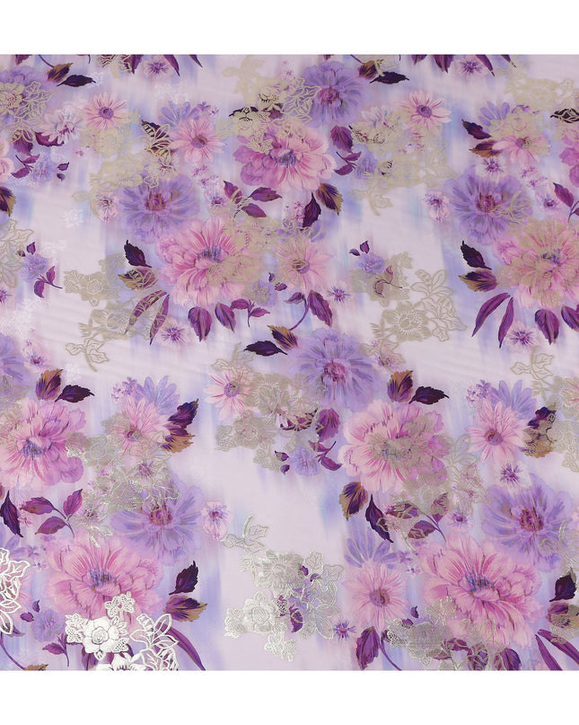 Lilac Lavender Metallic Floral Pure Silk Crepe 140cm