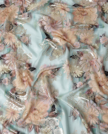 Sage Mint Floral Metallic Pure Silk Crepe 140cm