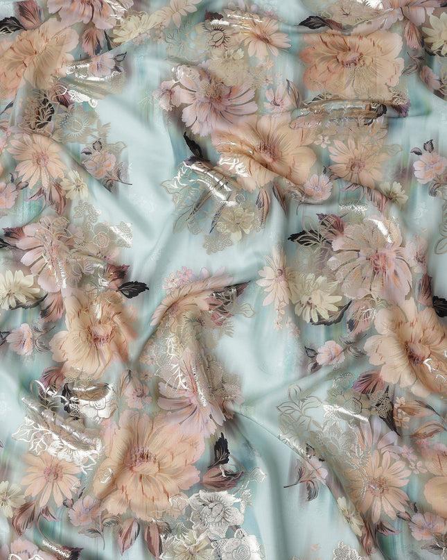 Sage Mint Floral Metallic Pure Silk Crepe 140cm