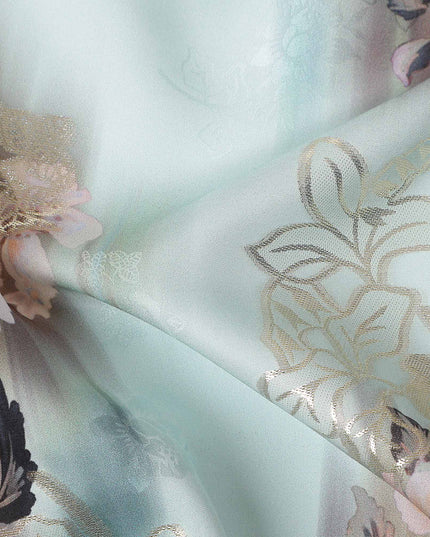 Sage Mint Floral Metallic Pure Silk Crepe 140cm