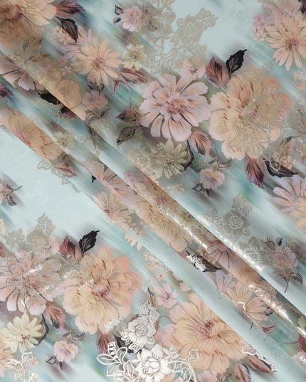 Sage Mint Floral Metallic Pure Silk Crepe 140cm