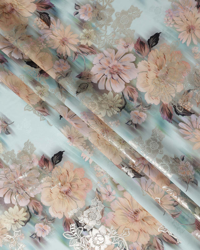 Sage Mint Floral Metallic Pure Silk Crepe 140cm