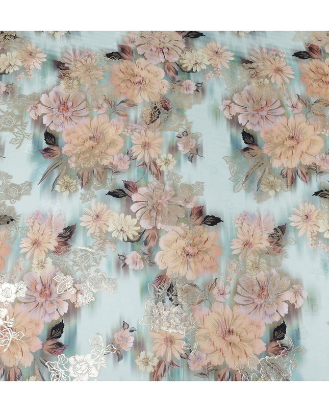 Sage Mint Floral Metallic Pure Silk Crepe 140cm