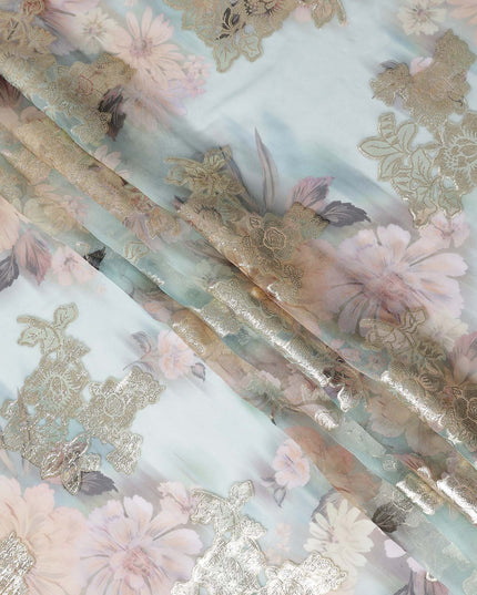 Icy Mint Seafoam Floral Pure Silk Chiffon 140cm