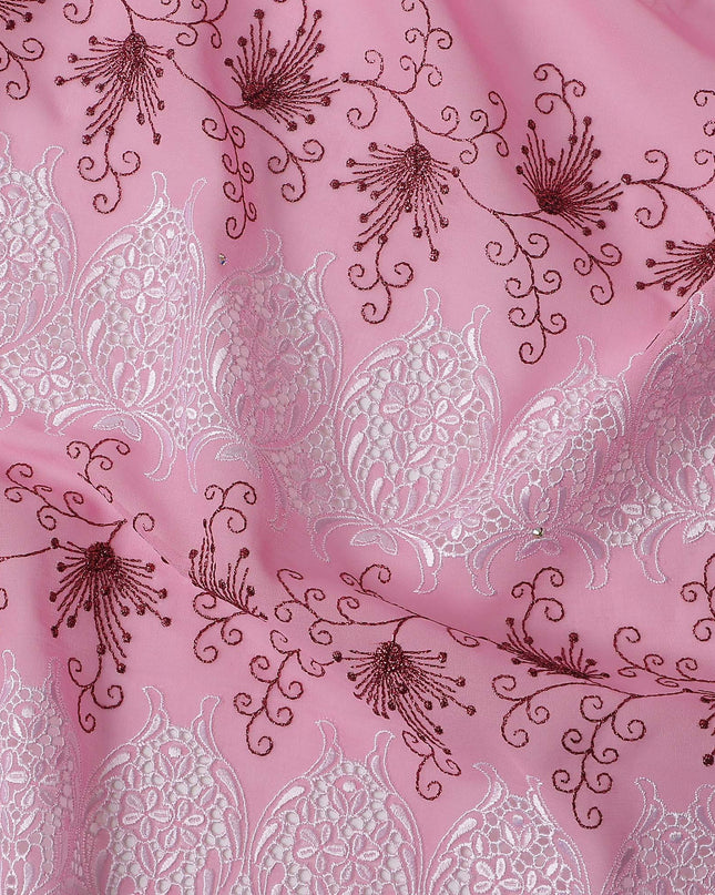 Pink Floral Premium Pure Swiss 100% Cotton Voile Embroidered Traditional Sudanese Thobe 4.5 Mtrs 140cm Swiss Quality - D30295