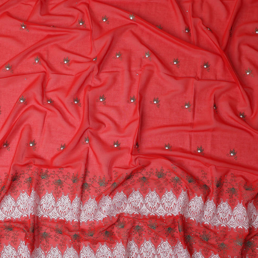 Red Floral Premium Pure Swiss 100% Cotton Voile Embroidered Traditional Sudanese Thobe 4.5 Mtrs 140cm Swiss Quality - D30299
