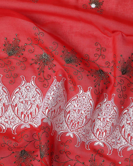Red Floral Premium Pure Swiss 100% Cotton Voile Embroidered Traditional Sudanese Thobe 4.5 Mtrs 140cm Swiss Quality - D30299
