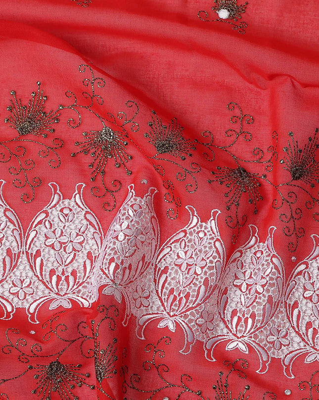Red Floral Premium Pure Swiss 100% Cotton Voile Embroidered Traditional Sudanese Thobe 4.5 Mtrs 140cm Swiss Quality - D30299
