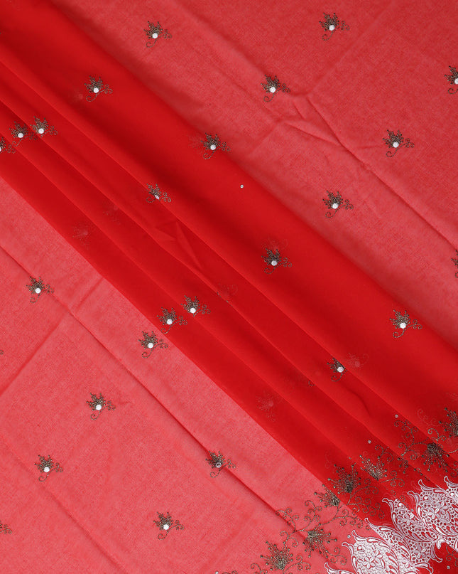 Red Floral Premium Pure Swiss 100% Cotton Voile Embroidered Traditional Sudanese Thobe 4.5 Mtrs 140cm Swiss Quality - D30299