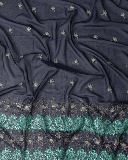 Blue Floral Premium Pure Swiss 100% Cotton Voile Embroidered Traditional Sudanese Thobe 4.5 Mtrs 140cm Swiss Quality - D30296