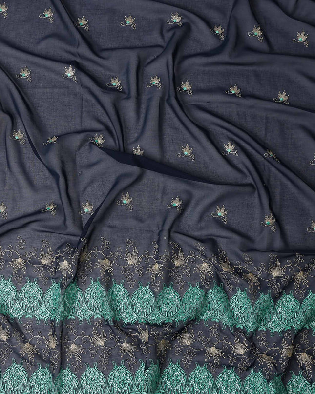 Blue Floral Premium Pure Swiss 100% Cotton Voile Embroidered Traditional Sudanese Thobe 4.5 Mtrs 140cm Swiss Quality - D30296
