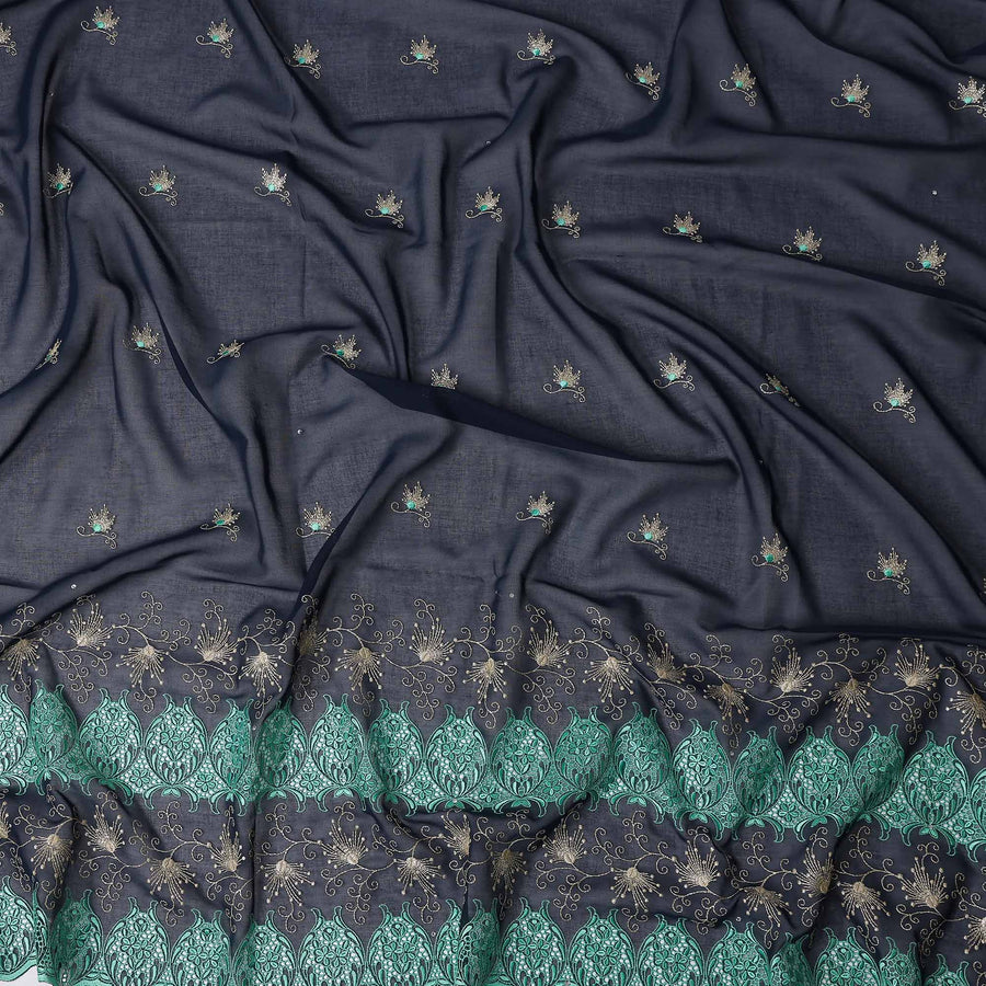 Blue Floral Premium Pure Swiss 100% Cotton Voile Embroidered Traditional Sudanese Thobe 4.5 Mtrs 140cm Swiss Quality - D30296